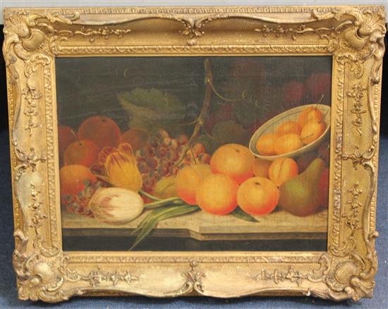 Mid 19th century English School Still lifes of fruits on ledges, 12 x 16in.